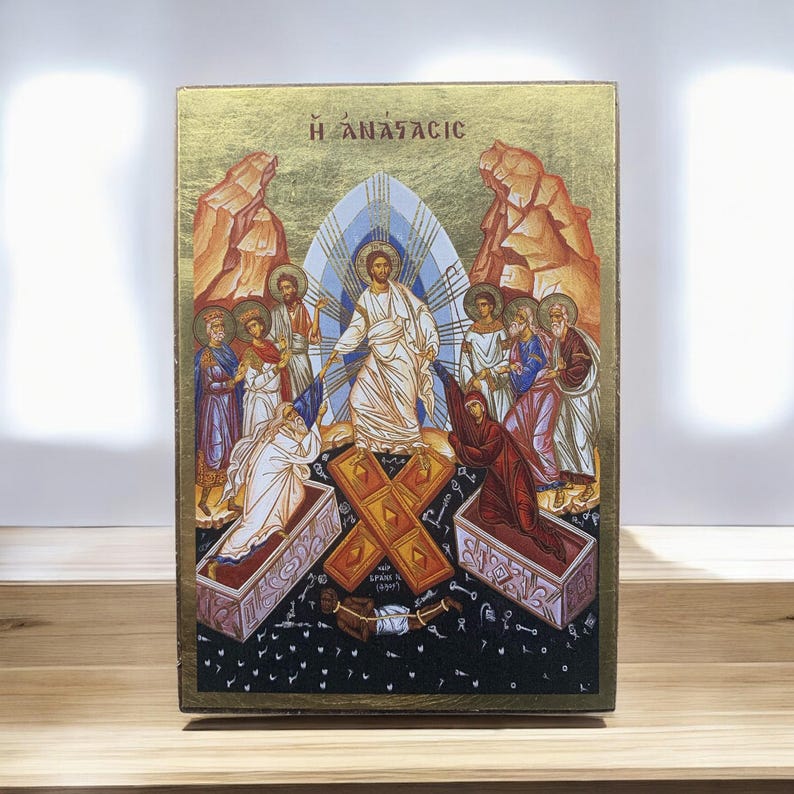 Byzantine icon of the Resurrection of Christ with gold background, silkscreen print on canvas mounted on natural wood, painted and varnished.