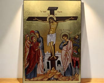 Crucifixion of Christ Byzantine Icon | Silkscreen on Natural Wood