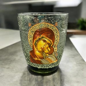 Handmade Glass Vigil Lamp for Iconostasis with Virgin Mary Icon – Durable Glass and High-Temperature Decal