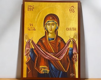 The Protection of the Theotokos (Agia Skepi) – Handmade MDF Wood Icon