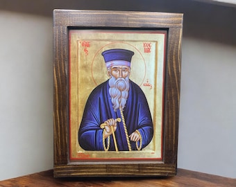Icono ortodoxo de San Cosme de Etolia en madera natural - Arte mural religioso