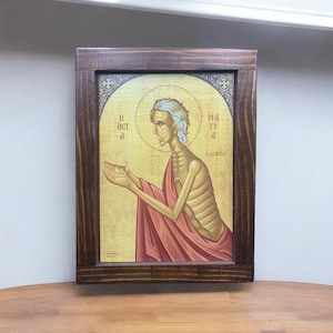 Orthodox Saint Mary of Egypt Icon on Natural Wood - Religious Wall Art - Greek Christian Icon