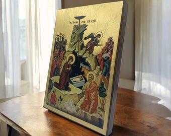 Byzantine Nativity Icon | Silkscreen Print on Natural Wood