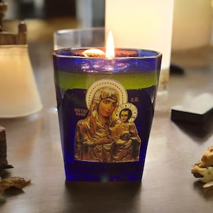 Handmade  Glass Vigil Lamp for Iconostasis with Virgin Mary Icon – Durable Glass and High-Temperature Decal