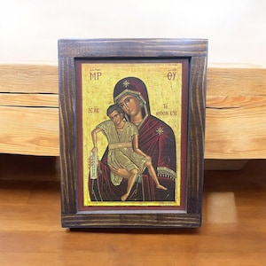 Icon of the Virgin Mary with Christ Child on Natural Wood - Religious Wall Decor