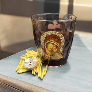 Jungfru Maria ikon oljeljusstake – Hemaltardekor (Inkluderar oljeflott och vekar)