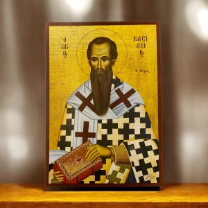 Saint Basile le Grand, patron des pauvres, icône byzantine, icône en bois, icône faite main, création orthodoxe, icône orthodoxe