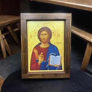 Icon of Jesus Christ on Natural Wood - Religious Wall Decor