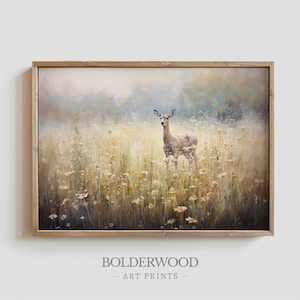 May include: A painting of a deer standing in a field of wildflowers. The deer is brown and white and has large, dark eyes. The field is filled with yellow and white wildflowers, and the background is a soft, hazy blue.