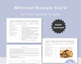 Minimal Modern Recipe Card Template, Simple Recipe Card, Editable Canva Template, Personalized Recipe Card,  Instant Download, 5x7 | 4x6