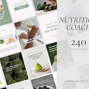 Op de afbeelding: Een verzameling social media templates in lichtgroen en wit, gericht op voeding en welzijn. De templates tonen afbeeldingen van voedsel en hydratatie, met tekst als "Nutrition Coach" en "240 Templates Total".