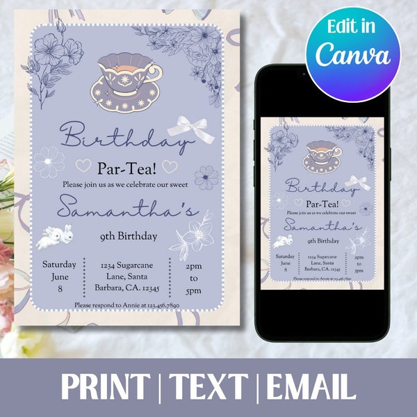 Editable Tea Party Invitation, Powder Blue and Cream, Tea-Party Invite, Coquette, Downloadable Printable Template