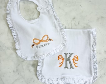 Embroidered Bow Bib & Burp Cloth | Baby Girl | Personalized | TN | Ruffles