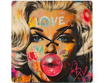 Pop-art Marilyn Monroe-wandklok: retro kauwgomgraffiti