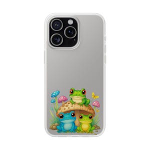 Whimsical Frog Family Flex-hoesje, schattige kleurrijke kikkers op paddenstoel Fantasy Forest-ontwerp voor iPhone en Android