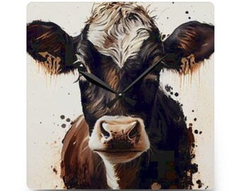 Cow Acrylic Wall Clock: Farmhouse Kitchen Decor, Rustic Wall Art