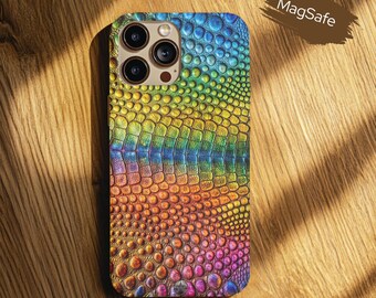 Funda para iPhone "MAGSAFE" con escamas arcoíris y diseño de reptil texturizado colorido, a prueba de golpes
