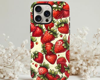 May include: A phone case featuring a vibrant pattern of red strawberries with green leaves against a light yellow background. The case has a glossy finish and a black border, with cutouts for the camera and buttons.
