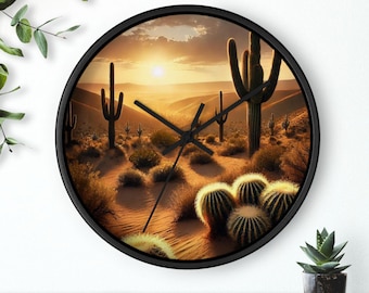 Desert Sunset Wall Clock: Boho Cactus Southwestern Decor