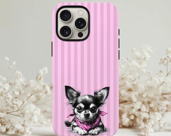 Funda para teléfono con estampado de chihuahua y bandana rosa: regalo para amantes de los perros, doble capa duradera.