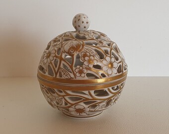 Herend Hand-painted Open-work Porcelain Bonbonniere. White and Gold with Strawberry Finial 1960s