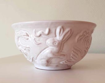 Art Deco Terracotta Bowl: White Glazed Hares, Birds, Dog - Gertrud Kudielka, L Hjorth Danmark
