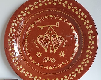 Slipware Marriage Plate - Hearts and Keys Motif - Folk Art / Studio Pottery