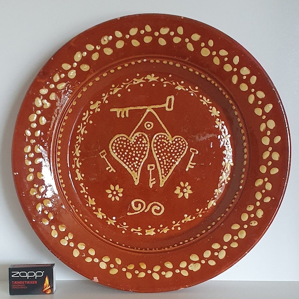 Slipware Marriage Plate - Hearts and Keys Motif - Folk Art / Studio Pottery