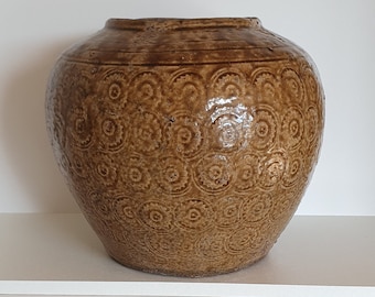 Antique Chinese Ming Dynasty Impressed Circular Pattern Martaban Storage Jar