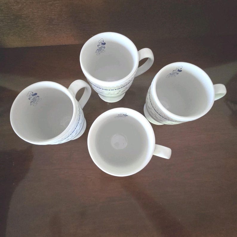 4 Disney Parks Gourmet Embossed Mickey Mouse Pedestal Coffee Mugs -Blue & White image 3