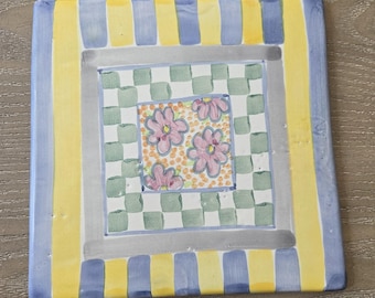 Rare VTG 1983 Mackenzie-Childs 8" Whimsical Myrtle Pattern Tile Trivet-Stamped
