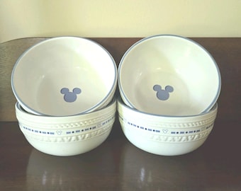 4 Disney Parks Gourmet Embossed Mickey Mouse Cereal Dessert Bowls -Blue & White