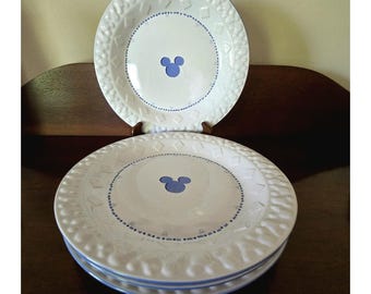 4 Disney Parks Gourmet Mickey Mouse Embossed 11" Dinner Plates-Blue & White-Read