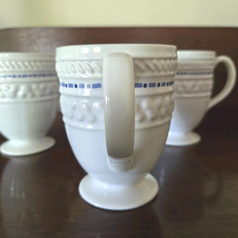 4 Disney Parks Gourmet Embossed Mickey Mouse Pedestal Coffee Mugs -Blue & White image 4