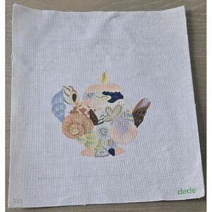 May include: A needlepoint canvas featuring a teapot design. The teapot is adorned with a floral and seashell motif in pastel colors, including pink, blue, and brown. The canvas is light blue and has the name "dede" in the bottom right corner.