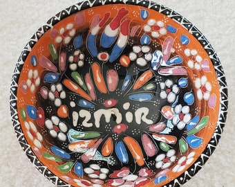 Izmir Turkish Handmade Pottery Bowl Trinket Wish Dish Hand Painted 4-1/4" x 2"