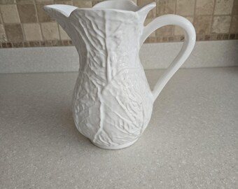 Vintage Neuwirth Portugal Cabbage Leaf White Ceramic Pitcher Vase-8" Tall