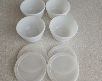 Vintage Glasbake Milk Glass Custard Cup Fruit Bowl Ramekin Set Of 4 With Lids