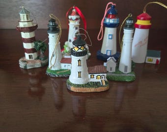 Lot Of 7 Assorted VTG Lighthouse Christmas Tree Ornaments-Lefton-Harbour Lights