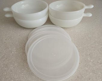 VTG Glasbake Milk Glass Lug Handle Soup Chili Bowls With Plastic Lids-Set Of 4