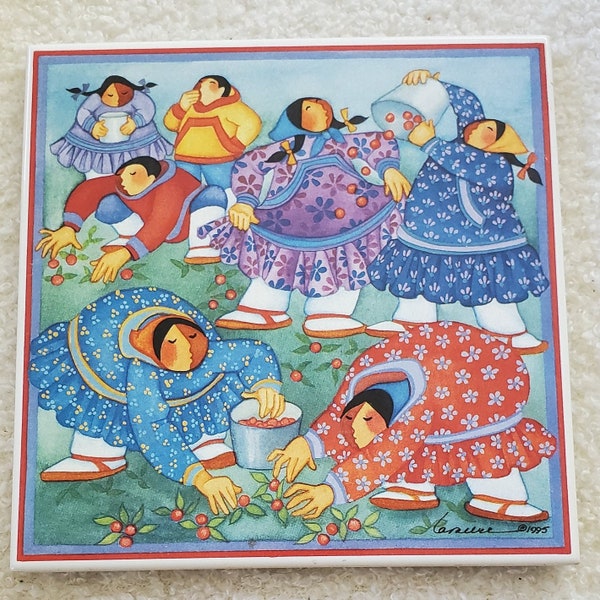 Vintage Barbara Lavallee Signed Ceramic Tile Trivet Wall Hanging -1995 -Women Picking Berries