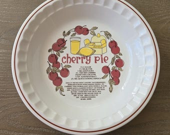 VTG Hankook Cherry Pie Recipe Stoneware Deep Dish Pie Plate-10.5"-Oven Safe