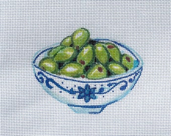 Bol d'olives peinte à la main sur toile avec broderie