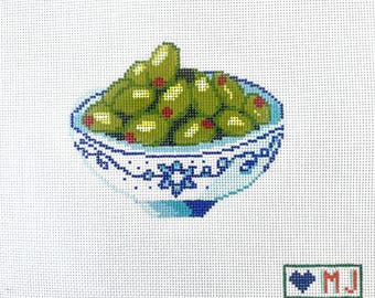 Bowl of olives stitch Painted Needlepoint Canvas