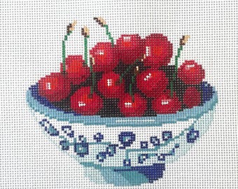 Cherries in a blue bowl stitch Painted Needlepoint Canvas