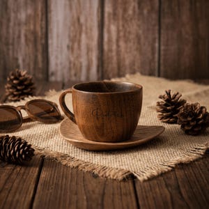 May include: A brown wooden cup and matching saucer set featuring a smooth, polished grain finish. The side of the cup is engraved with the name Patrick in a cursive script. The cup has a rounded bowl shape and a curved handle on the left side.