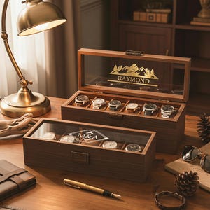 Peut inclure: Deux boîtes à montres rectangulaires en bois avec couvercles en verre. La plus grande boîte contient six montres et présente un motif de montagne avec le nom RAYMOND. La plus petite contient quatre montres et les initiales M&A dans un losange.