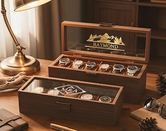 Custom Walnut Wood Watch Box, Personalized Watch Case, Luxury Watch Glass Storage Box, Watch Display Box, Gifts for Husband Dad Boyfriend