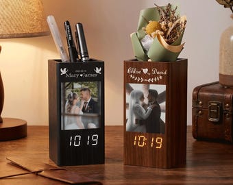 Personalized Wooden Pen Holder Clock | Custom Photo Frame Wood Pen Holder Clock | Romantic Couple Desk Organizer | Wedding Gift for Him Her