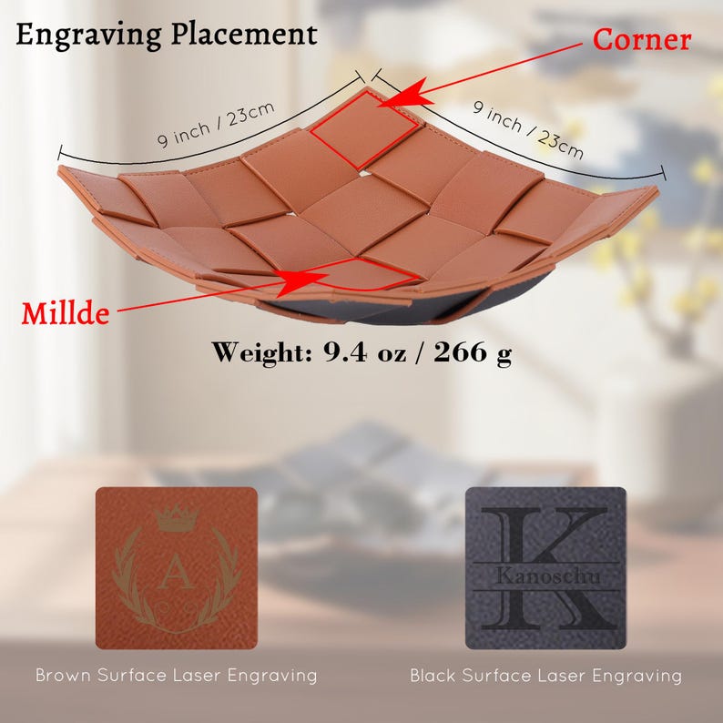 May include: A square woven brown leather tray measuring 9 inches by 9 inches with a weight of 9.4 ounces. The image displays engraving placement options at the corner or middle, with examples of a crown and letter A or a letter K and name.